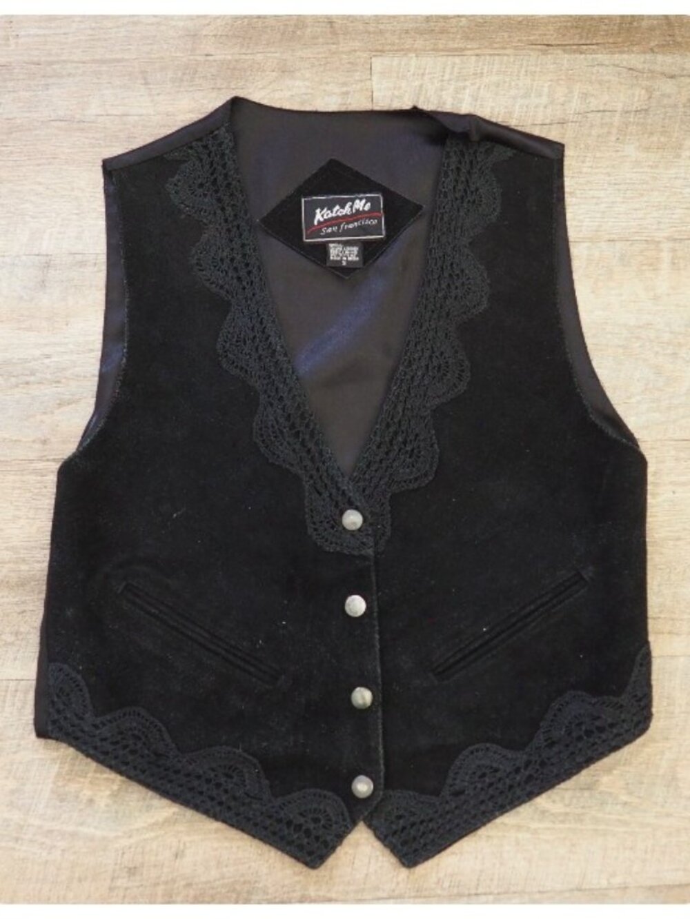 Vintage Katch Me San Francisco Black Suede Leather Crochet Detail Vest sz S